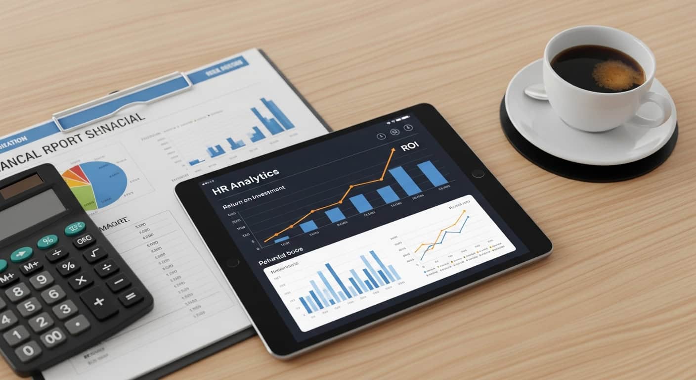 A close-up, top-down shot of a desk with a tablet displaying an HR analytics dashboard with graphs showing a rising ROI. Next to the tablet is a financial report, a calculator, and a cup of coffee. The setting is clean and professional.