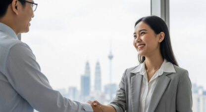 A smiling employee shaking hands with their manager, illustrating successful employee retention in Malaysia.