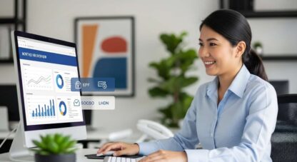 A professional Malaysian HR manager in a modern office, smiling while reviewing a clear and simple payroll report on a computer screen. The screen subtly shows icons for EPF, SOCSO, and LHDN.