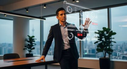 A business leader analyzing predictive HR analytics on a futuristic dashboard.