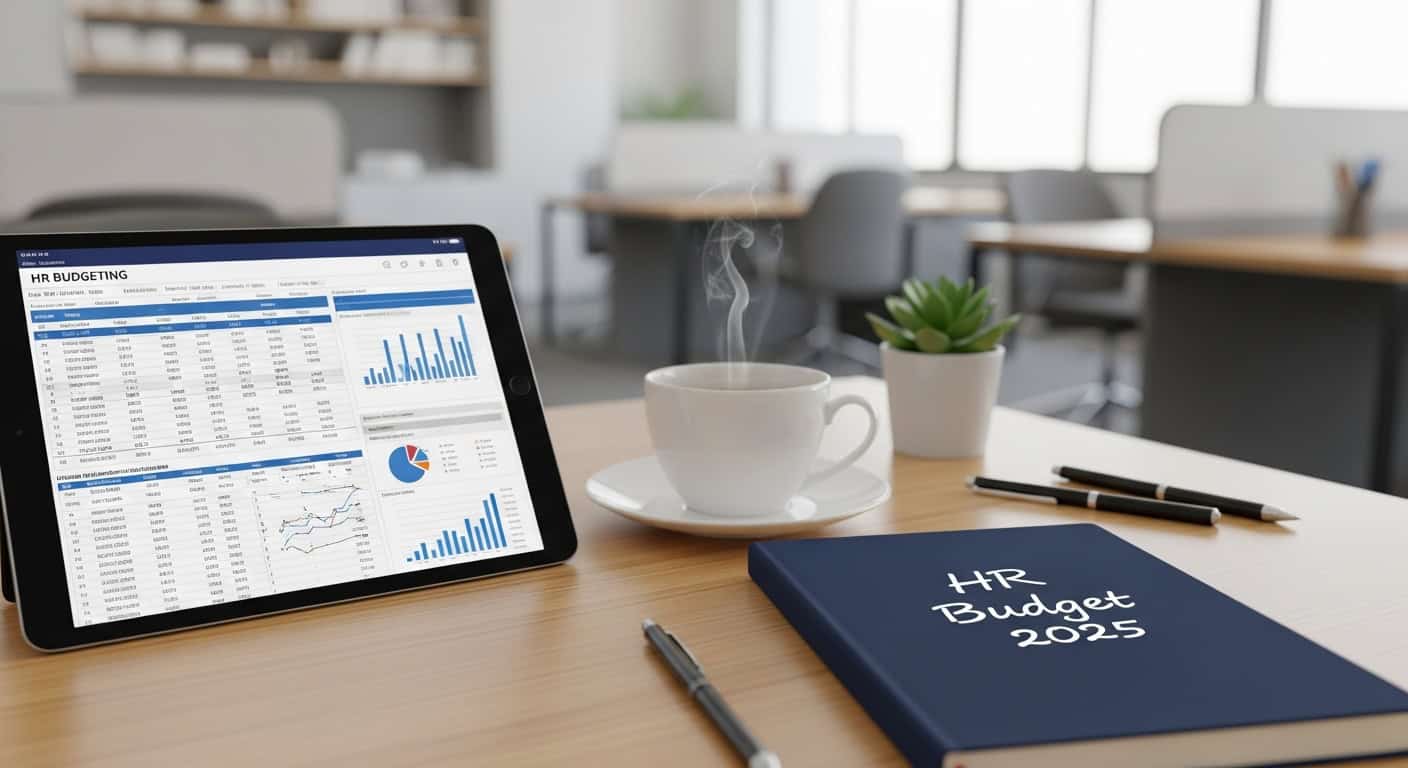 A close-up, photorealistic shot of an HR manager's desk in a modern Malaysian office. On the desk is a tablet displaying a budgeting spreadsheet with charts, a coffee cup, and a notebook with the words "HR Budget 2025" written on it. The background is slightly blurred but shows a professional office environment.