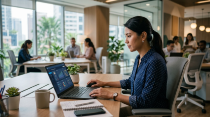 A realistic, modern Malaysian office setting where an HR professional evaluates system choices on a laptop, soft natural lighting, professional business environment, 4k resolution, no text