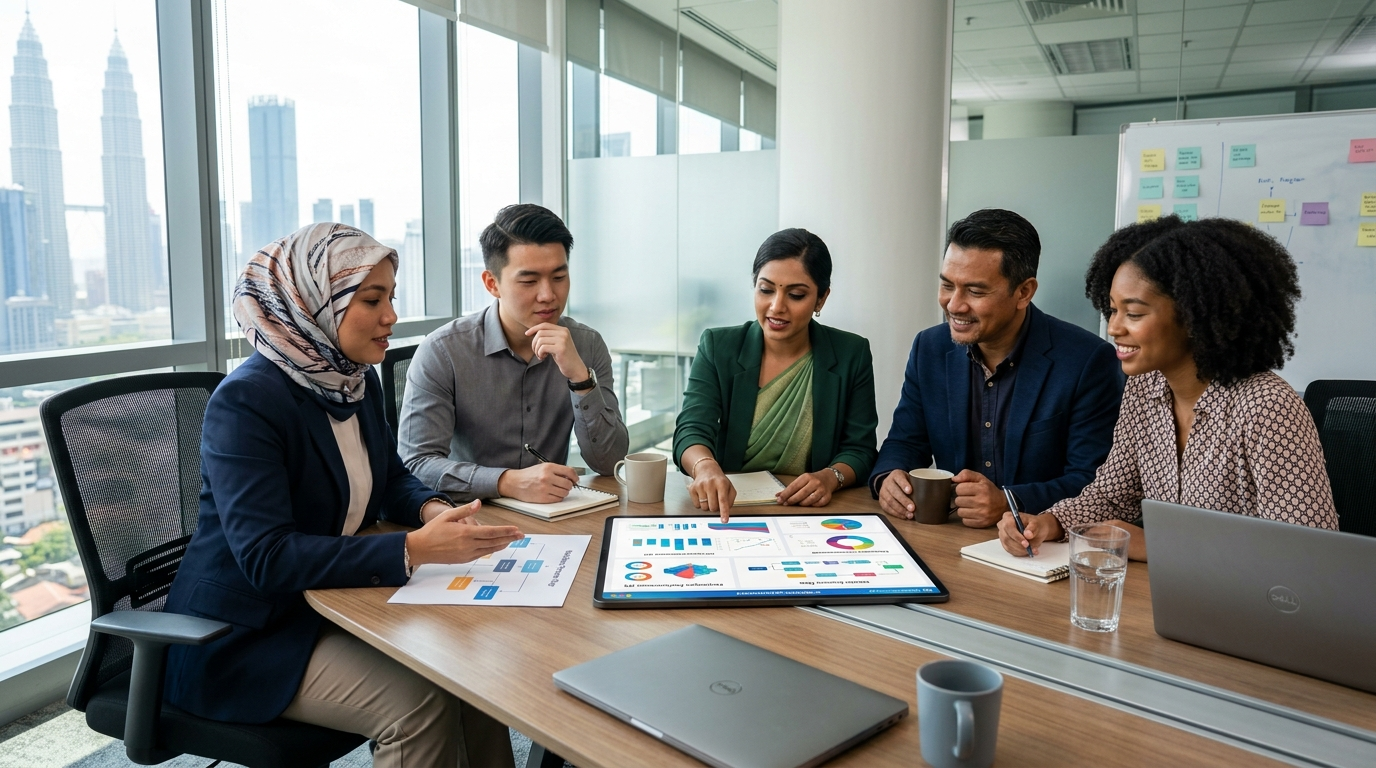 A diverse team of modern Malaysian business professionals collaborating around a sleek conference table, looking at a digital tablet displaying human resource analytics and workflow charts, natural lighting, photorealistic.