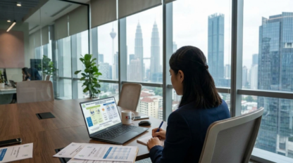 A photorealistic corporate setting in Kuala Lumpur, Malaysia. A professional Malaysian HR manager sitting at a modern conference table reviewing an official comparative infographic and compliance reports on SOCSO PERKESO employee social security schemes on a laptop screen. Natural office lighting, shallow depth of field, high detail, authentic Malaysian corporate aesthetic.
