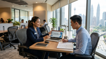A realistic, professional office environment in Kuala Lumpur, Malaysia, featuring an HR professional explaining payroll statutory updates on a laptop to an employee, modern office interior, bright natural daylight, 4k photorealistic lifestyle photography.