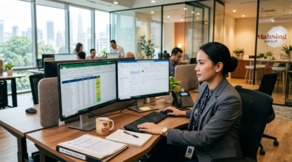 A professional Malaysian HR manager in business-casual attire at a workstation in a bright office, reviewing employee statutory records and verification emails on a dual-monitor setup. Natural background blur showing a modern Malaysian office interior, warm ambient lighting, highly realistic corporate documentary style.