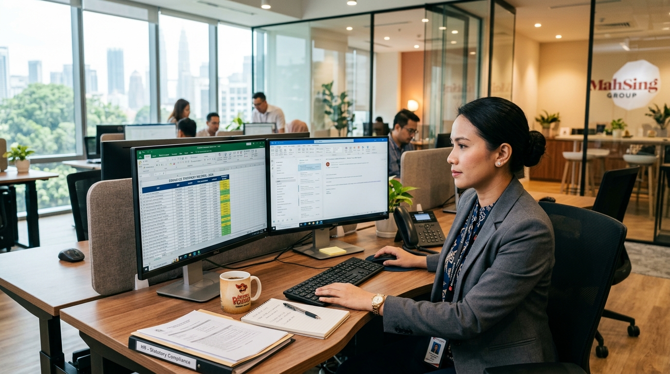 A professional Malaysian HR manager in business-casual attire at a workstation in a bright office, reviewing employee statutory records and verification emails on a dual-monitor setup. Natural background blur showing a modern Malaysian office interior, warm ambient lighting, highly realistic corporate documentary style.