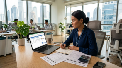 A realistic, eye-level photograph of a modern Malaysian human resources specialist reviewing employee payroll records on a laptop in a bright Kuala Lumpur office. Natural soft office lighting, clean desk with subtle Malaysian payroll calculation forms and digital charts on the screen, corporate Malaysian workplace setting, professional color grade, 8k resolution.