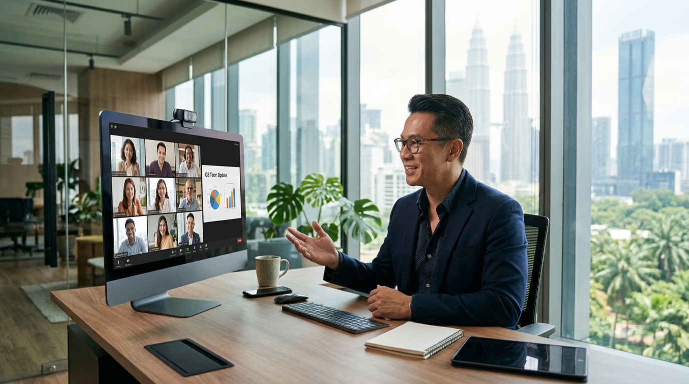 A professional Malaysian business owner having a positive virtual meeting with a remote team on a computer monitor in a sleek corporate office.