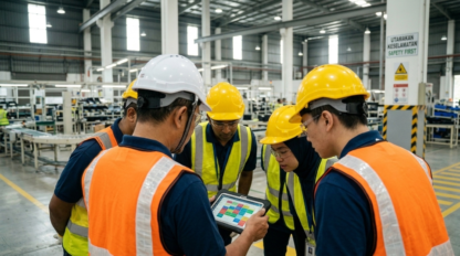 A professional, well-lit image of a diverse group of Malaysian manufacturing employees looking at a digital shift schedule on a tablet held by their supervisor on a factory floor.