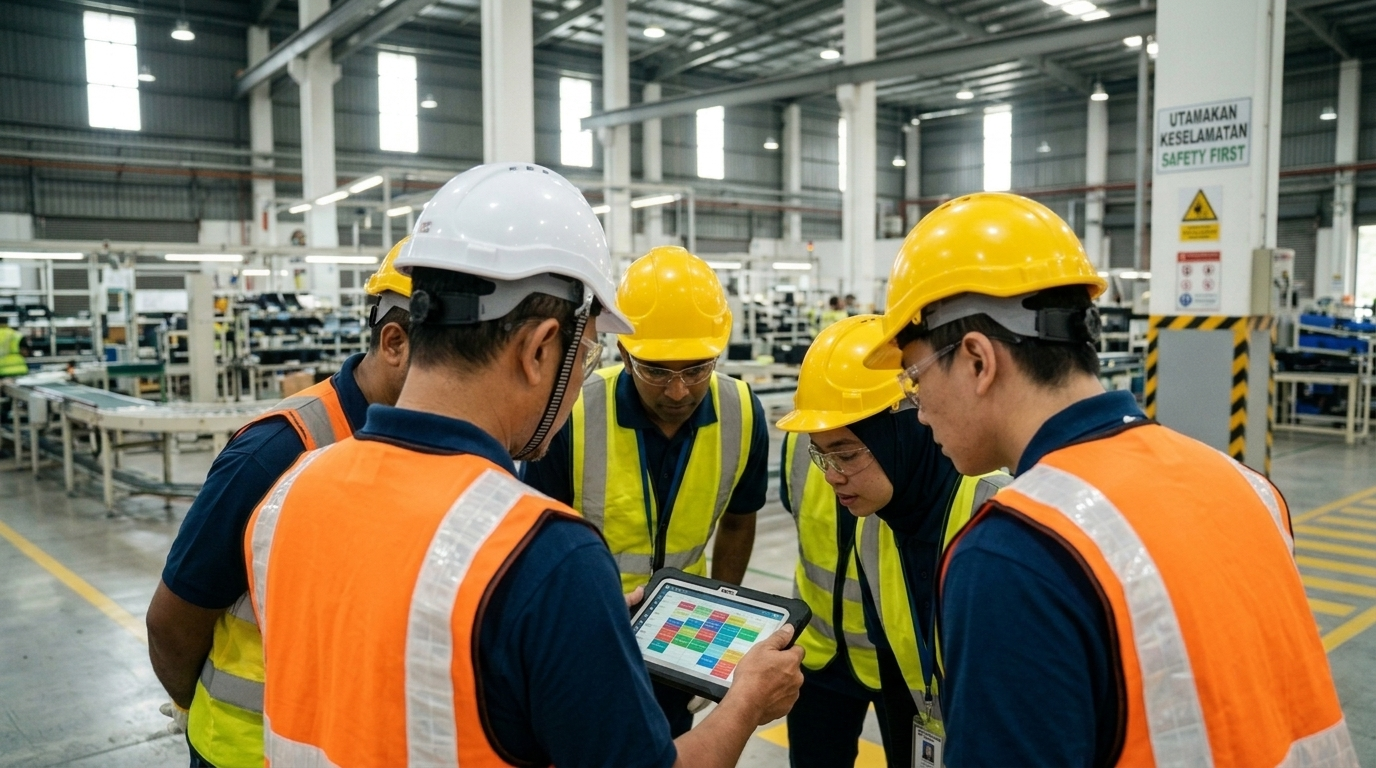A professional, well-lit image of a diverse group of Malaysian manufacturing employees looking at a digital shift schedule on a tablet held by their supervisor on a factory floor.