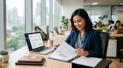 A professional Malaysian HR manager sitting at a modern, bright office desk, reviewing organized corporate documents and a clean digital dashboard on a laptop. The atmosphere is calm, corporate, and supportive. High quality, realistic photography, soft natural lighting from a nearby window, ultra-detailed, no text overlay.
