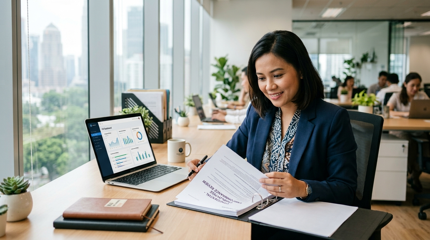 A professional Malaysian HR manager sitting at a modern, bright office desk, reviewing organized corporate documents and a clean digital dashboard on a laptop. The atmosphere is calm, corporate, and supportive. High quality, realistic photography, soft natural lighting from a nearby window, ultra-detailed, no text overlay.