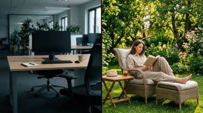 A conceptual, photorealistic split-screen image. On the left, an empty modern office desk with a computer monitor turned off. On the right, a person relaxing with a book in a peaceful green garden. Corporate, professional lighting, conveying the concept of paid leave.