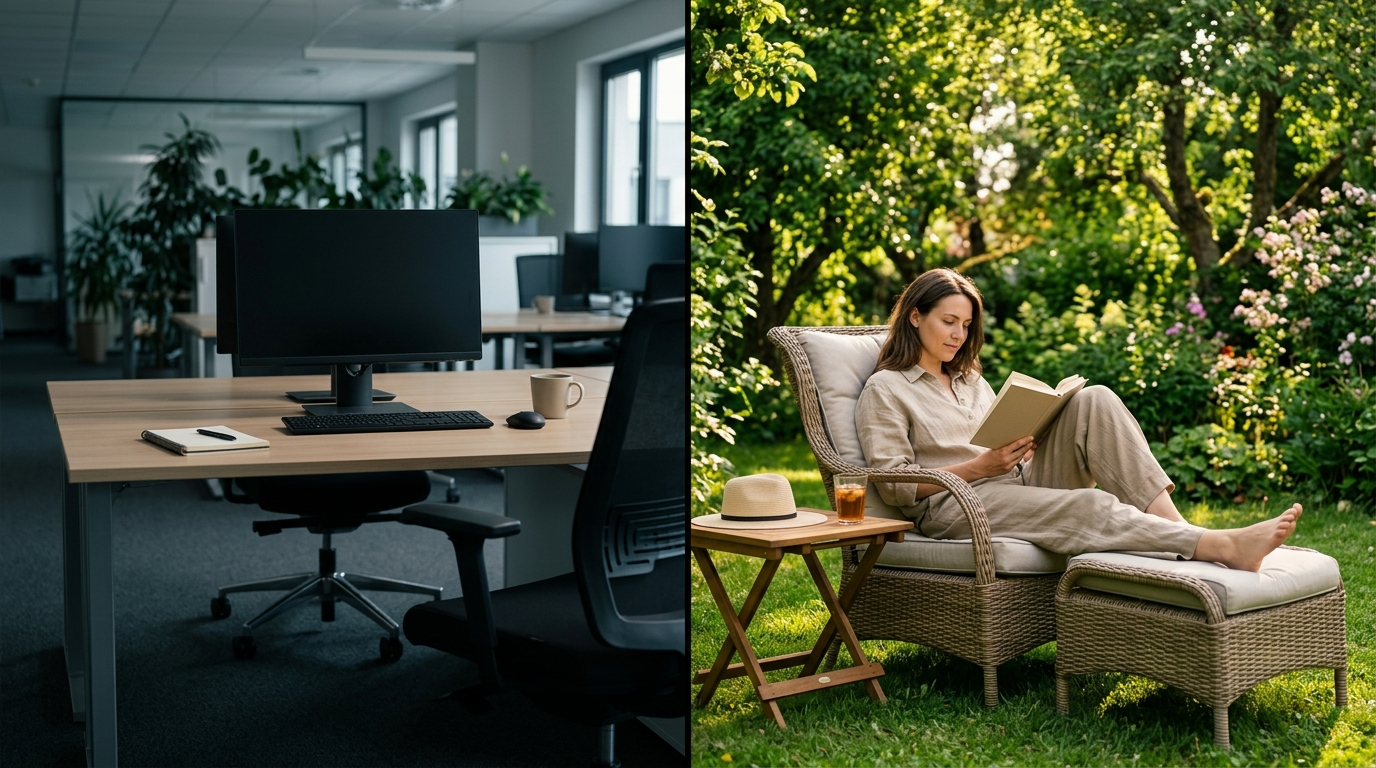 A conceptual, photorealistic split-screen image. On the left, an empty modern office desk with a computer monitor turned off. On the right, a person relaxing with a book in a peaceful green garden. Corporate, professional lighting, conveying the concept of paid leave.