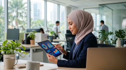 A realistic, high-quality photograph of a modern Malaysian HR professional reviewing digital payroll records on a sleek tablet in a brightly lit, contemporary office. The screen shows abstract charts and graphs. No text in the image.