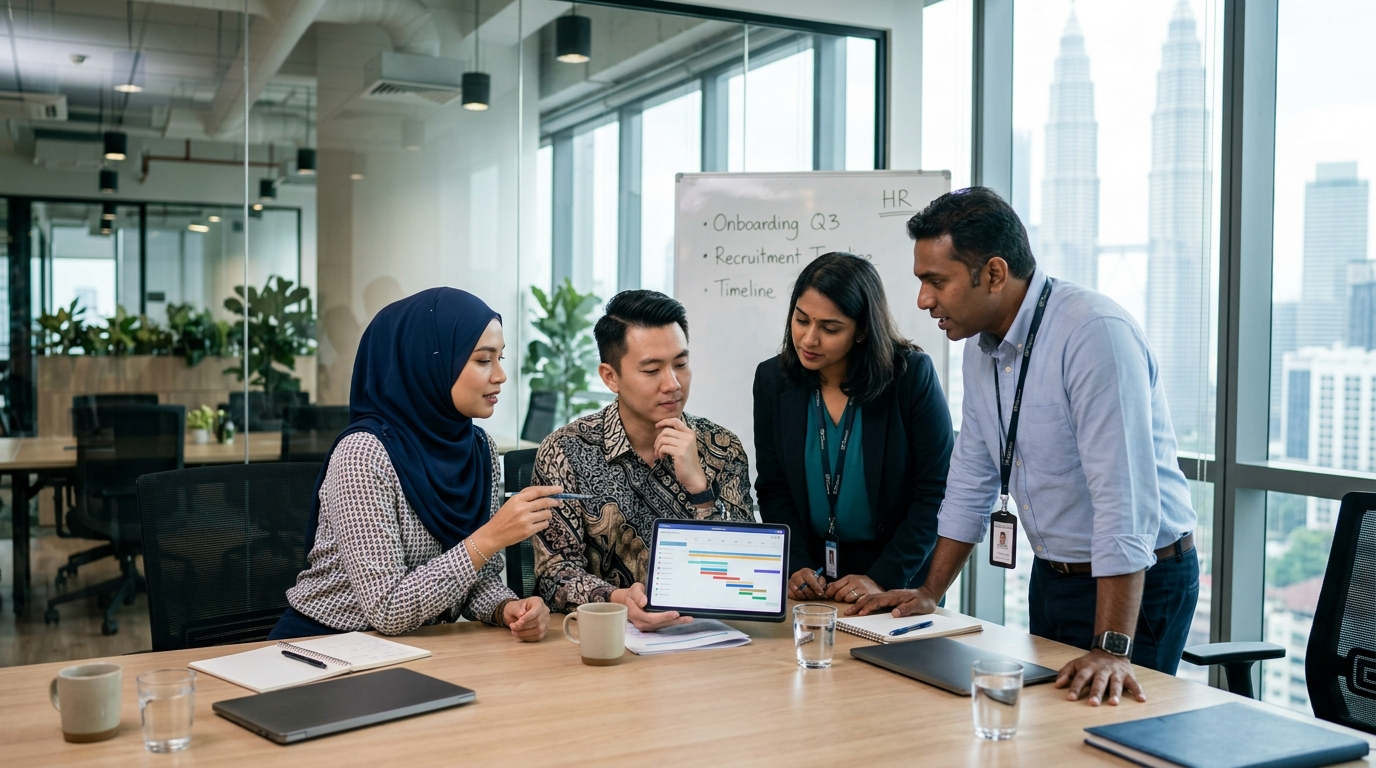 A realistic, high-quality photograph of a diverse team of Malaysian HR professionals reviewing digital schedules on a tablet in a modern corporate office in Kuala Lumpur.